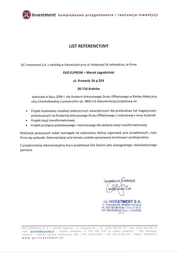 List referencyjny: GC Investment S.A., 2009