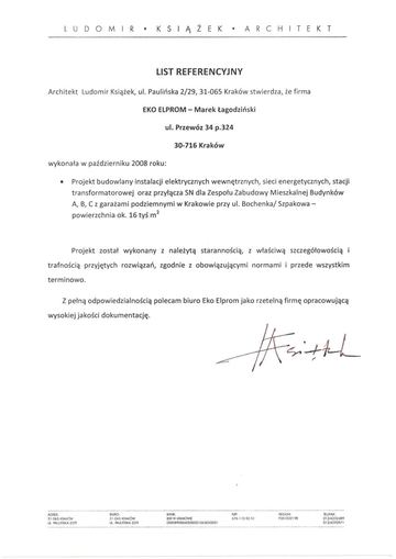 List referencyjny: Ludomir Książek Architekt, 2008
