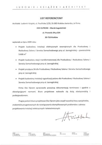 List referencyjny: Ludomir Książek Architekt, 2009