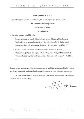 List referencyjny: Ludomir Książek Architekt, 2008
