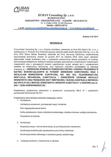 List referencyjny: Kuban Consulting Sp. z o.o. (dla Samsung Electronics), 2017