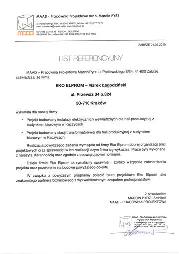 List referencyjny: MAAD Pracownia Projektowa arch. Marcin Pyrz, 2010