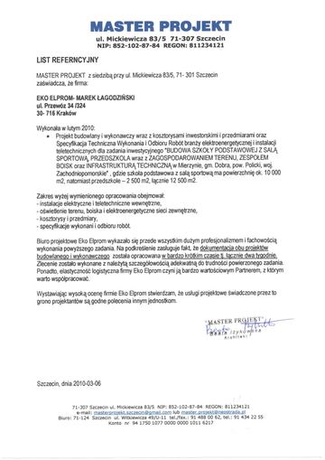 List referencyjny: MASTER PROJEKT, Szczecin, 2010